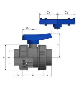 Kích thước van bi nhựa uPVC hai đầu rắc co