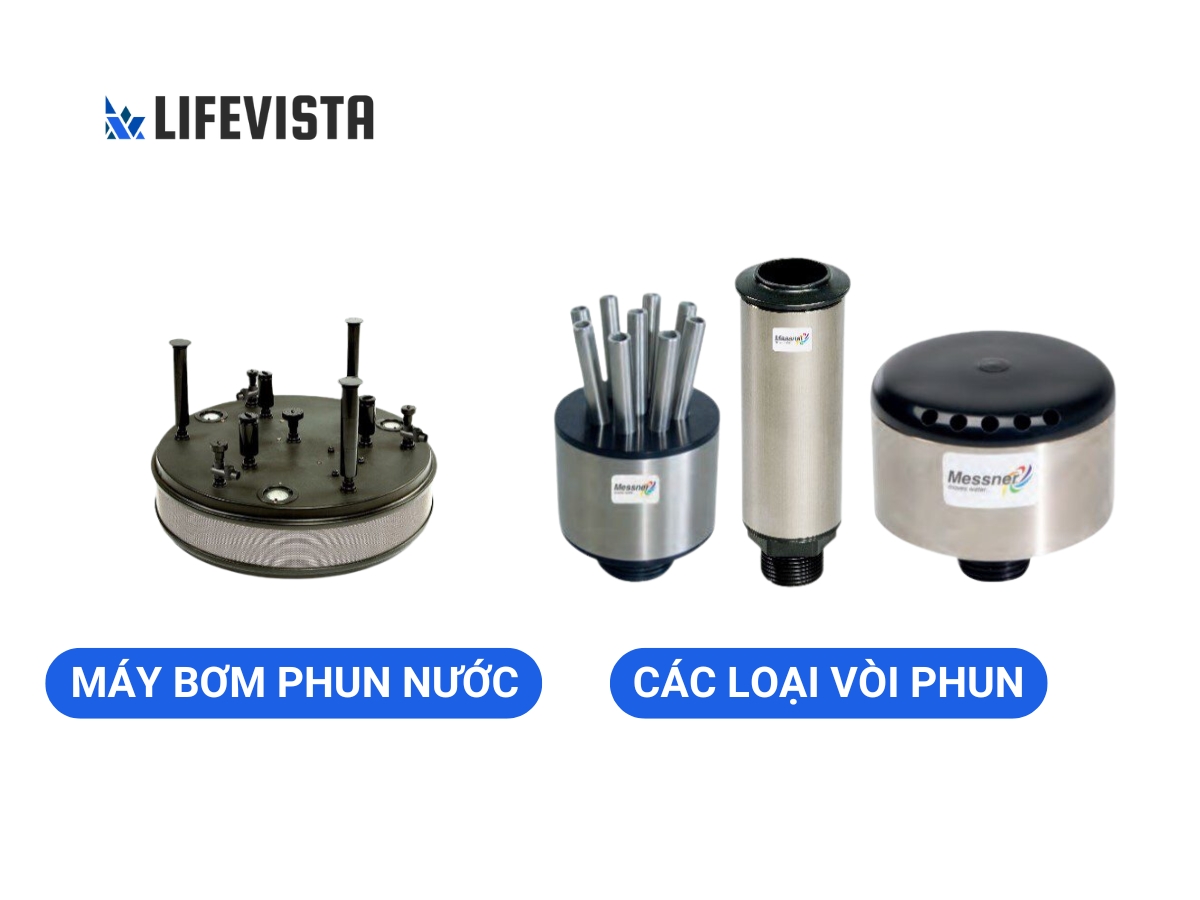 Thiết bị tiểu cảnh hồ bơi bao gồm máy bơm phun nước và các loại vòi phun 